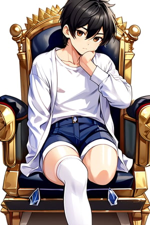 boy, black hair, brown eyes, white long-sleeved shirt, dark blue jean shorts, wearing short white stockings, with a little muscle, sitting on a diamond throne, anime