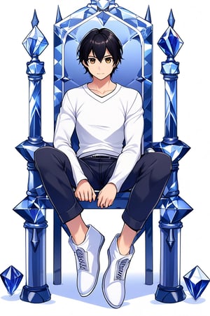 boy, black hair, brown eyes, white long-sleeved shirt, dark blue jean shorts, wearing short white stockings, slim muscles, sitting on a throne made of diamond with legs crossed, anime
