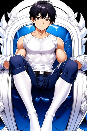 boy, black hair, brown eyes, white long-sleeved shirt, dark blue jean shorts, wearing short white stockings, with slim muscles, sitting on a diamond throne, anime