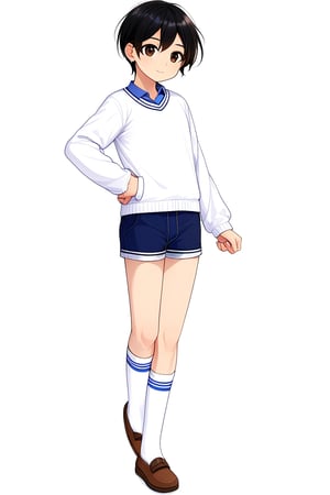 boy, black hair, brown eyes, white long sleeve shirt, dark blue jean shorts, with short white stockings, anime