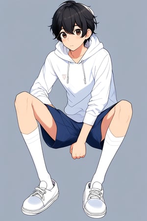 teenage boy, black hair, brown eyes, white sweatshirt, dark blue jean shorts, barefoot with short white stockings, anime