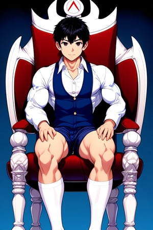 boy, black hair, brown eyes, white long-sleeved shirt, dark blue jean shorts, wearing short white stockings, with a little muscle, sitting on a diamond throne, anime