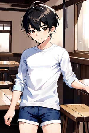 boy, black hair, brown eyes, white long sleeve shirt, dark blue jean shorts, wearing short white stockings, slim muscles, anime