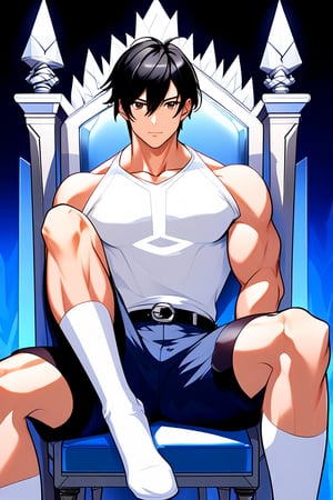 boy, black hair, brown eyes, white long-sleeved shirt, dark blue jean shorts, wearing short white stockings, with slim muscles, sitting on a diamond throne, anime