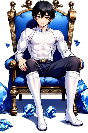 boy, black hair, brown eyes, white long-sleeved shirt, dark blue jean shorts, wearing short white stockings, slim muscles, sitting on a throne made of diamond with legs crossed, anime
