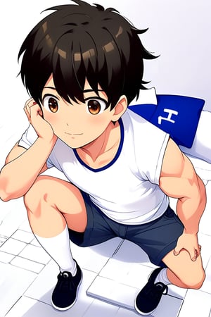 boy, black hair, brown eyes, long-sleeved white shirt, dark blue jean shorts, with short white stockings, with a little muscle, anime