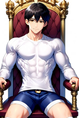 boy, black hair, brown eyes, white long-sleeved shirt, dark blue jean shorts, wearing short white stockings, with slim muscles, sitting on a diamond throne, anime