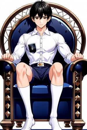 boy, black hair, brown eyes, white long-sleeved shirt, dark blue jean shorts, wearing short white stockings, slim muscles, sitting on a throne made of diamond with legs crossed, anime
