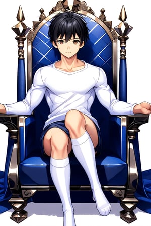 boy, black hair, brown eyes, white long-sleeved shirt, dark blue jean shorts, wearing short white stockings, slim muscles, sitting on a throne made of diamond with legs crossed, anime
