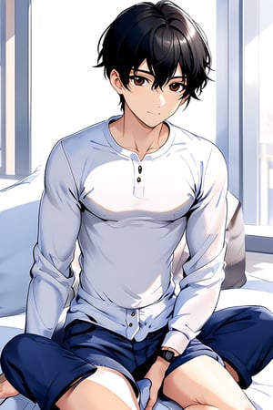 boy, black hair, brown eyes, white long sleeve shirt, dark blue jean shorts, wearing short white stockings, slim muscles, anime