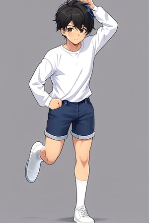 boy, black hair, brown eyes, white long sleeve shirt, dark blue jean shorts, wearing short white stockings, slim muscles, anime