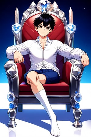 boy, black hair, brown eyes, white long-sleeved shirt, dark blue jean shorts, wearing short white stockings, slim muscles, sitting on a throne made of diamond, anime