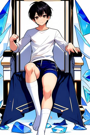 boy, black hair, brown eyes, white long-sleeved shirt, dark blue jean shorts, wearing short white stockings, slim muscles, sitting on a throne made of diamond, anime