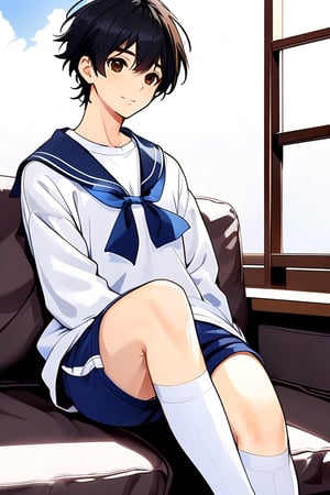 teenage boy, black hair, brown eyes, white long sleeve shirt, dark blue jean shorts, with short white stockings, anime