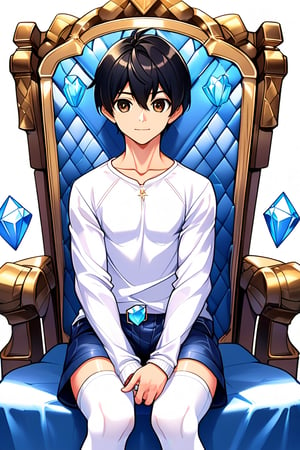 boy, black hair, brown eyes, white long-sleeved shirt, dark blue jean shorts, wearing short white stockings, slim muscles, sitting on a throne made of diamond, anime