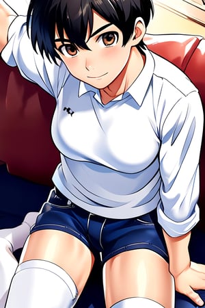 boy, black hair, brown eyes, long-sleeved white shirt, dark blue jean shorts, with short white stockings, with a little muscle, anime