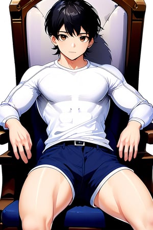 boy, black hair, brown eyes, white long-sleeved shirt, dark blue jean shorts, wearing short white stockings, with slim muscles, sitting on a diamond throne, anime