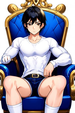 boy, black hair, brown eyes, white long-sleeved shirt, dark blue jean shorts, wearing short white stockings, slim muscles, sitting on a throne made of diamond with legs crossed, anime
