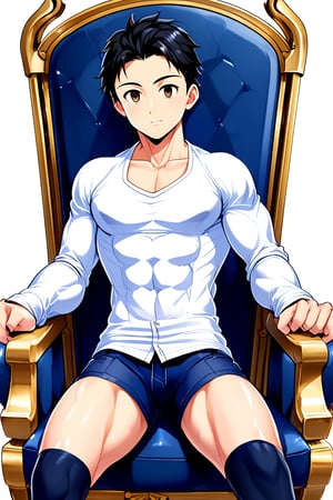 boy, black hair, brown eyes, white long-sleeved shirt, dark blue jean shorts, wearing short white stockings, with slim muscles, sitting on a diamond throne, anime