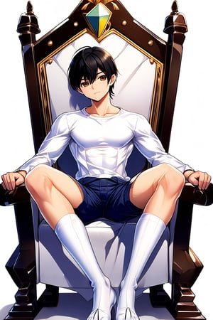 boy, black hair, brown eyes, white long-sleeved shirt, dark blue jean shorts, wearing short white stockings, slim muscles, sitting on a throne made of diamond, anime