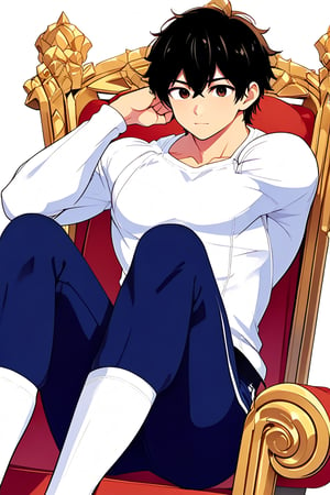 boy, black hair, brown eyes, white long-sleeved shirt, dark blue jean shorts, wearing short white stockings, with a little muscle, sitting on a diamond throne, anime