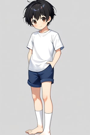 teenage boy, black hair, brown eyes, white shirt, dark blue jean shorts, barefoot with short white stockings, anime