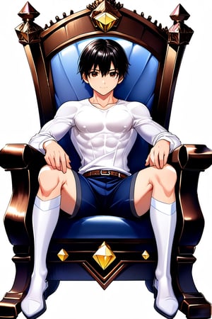 boy, black hair, brown eyes, white long-sleeved shirt, dark blue jean shorts, wearing short white stockings, slim muscles, sitting on a throne made of diamond, anime