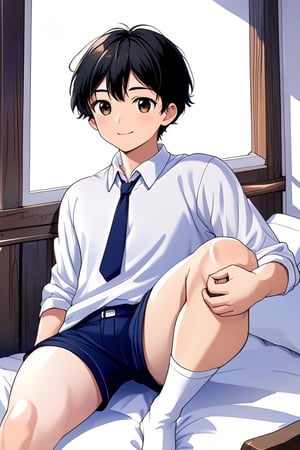 boy, black hair, brown eyes, long-sleeved white shirt, dark blue jean shorts, with short white stockings, with a little muscle, anime