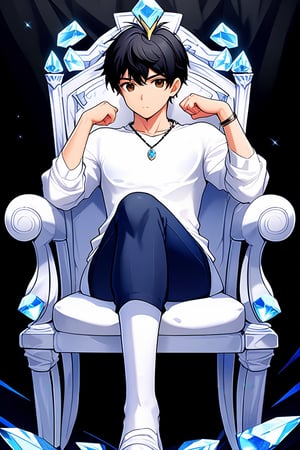 boy, black hair, brown eyes, white long-sleeved shirt, dark blue jean shorts, wearing short white stockings, slim muscles, sitting on a throne made of diamond, anime