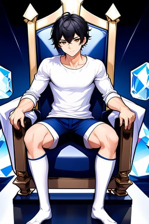 boy, black hair, brown eyes, white long-sleeved shirt, dark blue jean shorts, wearing short white stockings, slim muscles, sitting on a throne made of diamond with legs crossed, anime
