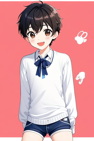 boy, black hair, brown eyes, white long sleeve shirt, dark blue jean shorts, with short white stockings, anime