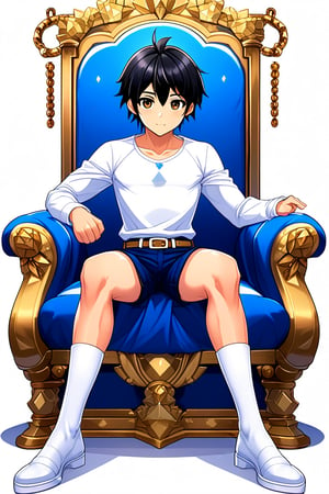 boy, black hair, brown eyes, white long-sleeved shirt, dark blue jean shorts, wearing short white stockings, slim muscles, sitting on a throne made of diamond with legs crossed, anime
