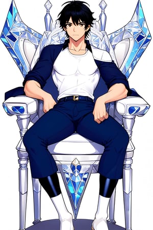 boy, black hair, brown eyes, white long-sleeved shirt, dark blue jean shorts, wearing short white stockings, slim muscles, sitting on a throne made of diamond with legs crossed, anime
