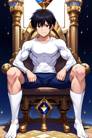 boy, black hair, brown eyes, white long-sleeved shirt, dark blue jean shorts, wearing short white stockings, with a little muscle, sitting on a diamond throne, anime