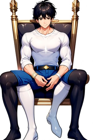 boy, black hair, brown eyes, white long-sleeved shirt, dark blue jean shorts, wearing short white stockings, with slim muscles, sitting on a diamond throne, anime