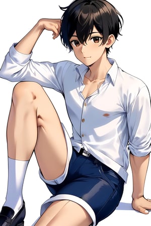 boy, black hair, brown eyes, white long sleeve shirt, dark blue jean shorts, wearing short white stockings, slim muscles, anime