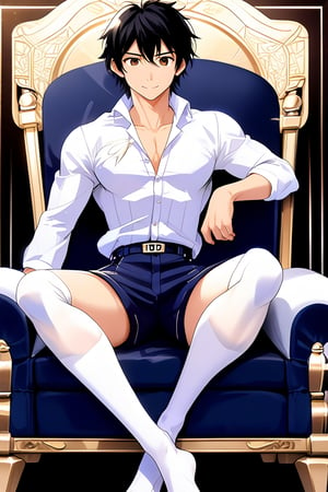 boy, black hair, brown eyes, white long-sleeved shirt, dark blue jean shorts, wearing short white stockings, slim muscles, sitting on a throne made of diamond, anime