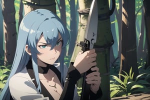 esdeath, was surviving in the forest, carrying a gun and knife, serious face 