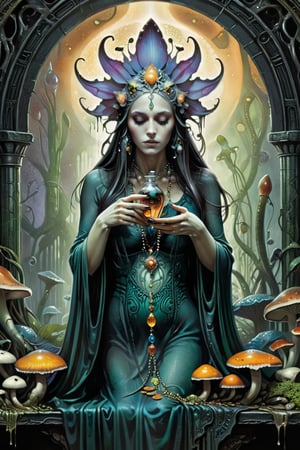 the ghost flower card, a poisonous priestess, from the side, dripping poison from her hands, holding an intricate poison vial, she is surrounded by incredible fungi, Hans Ruedi Giger bio-mechanical style, fantasy art nouveau tarot card style, (best quality,4k,8k,highres,masterpiece:1.2),ultra-detailed,(realistic,photorealistic,photo-realistic:1.37),dramatic lighting,vibrant colors,stunning details,g1h3r,fr4z3tt4,LinkGirl