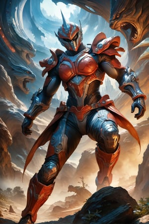 a female tokusatsu heroine, viewed from the side, full body shot, low angle shot, bottom-up perspective, action shot, wearing a hightec suit, she is fighting a kaiju, she is surrounded by incredible alien flora, inspired by Ultraman, Yoshitaka Amano style, fantasy art nouveau style, (best quality,4k,8k,highres,masterpiece:1.2),ultra-detailed,(realistic,photorealistic,photo-realistic:1.37),dramatic lighting,vibrant colors, green and beige, stunning details, tokusatsu style, Samus Aran