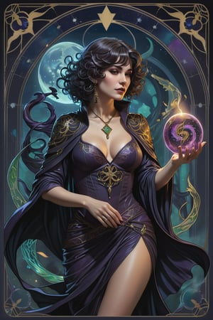 the wraith librarian, a gorgeous italian sorceress, in a sexy pose, from the side shot, perfect short wavy hair, she is emerging from within a shadow, carrying a mystical grimoire, she is surrounded by incredible lovecraftian cosmic horrors, Yoshitaka Amano style, fantasy art nouveau tarot card style, (best quality,4k,8k,highres,masterpiece:1.2),ultra-detailed,(realistic,photorealistic,photo-realistic:1.37),dramatic lighting,vibrant colors,stunning details