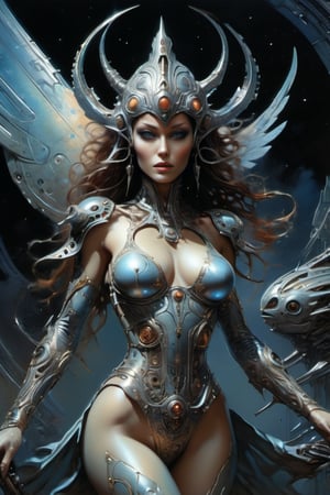award winning digital art, dramatic lighting, full body shot, extremely detailed skin, a beautiful alien goddess, a moon deity, biomechanical, wearing an intricate high-tech bodysuit, spaceship, outer space, retro futuristic, sci-fi, fantasy art, 80s fantasy movie style, intricate mechanical details, glowing cybernetic enhancements, action pose, frank frazetta style, best quality, 8k, highres, masterpiece, ultra-detailed, realistic, photorealistic, HDR, UHD, studio lighting, ultra-fine painting, sharp focus, physically-based rendering, extreme detail description, professional, vivid colors,more detail XL