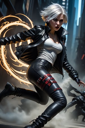 the ether walker, a female cyberpunk vampire, viewed from the side, full body shot, low angle shot, bottom-up perspective, short platinum hair, action shot, astonished expression, wearing a hightec fashionable jacket, she is crossing a shadow portal, she is surrounded by incredible lovecraftian shadow tentacles, Yoshitaka Amano style, fantasy art nouveau style, (best quality,4k,8k,highres,masterpiece:1.2),ultra-detailed,(realistic,photorealistic,photo-realistic:1.37),dramatic lighting,vibrant colors,stunning details