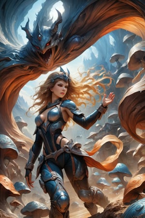 a female tokusatsu heroine, viewed from the side, full body shot, low angle shot, bottom-up perspective, action shot, blonde bombshell, wearing a hightec suit, she is fighting a kaiju, she is surrounded by incredible alien fungi, inspired by Ultraman, Yoshitaka Amano style, fantasy art nouveau style, (best quality,4k,8k,highres,masterpiece:1.2),ultra-detailed,(realistic,photorealistic,photo-realistic:1.37),dramatic lighting,vibrant colors,stunning details, tokusatsu style, Samus Aran