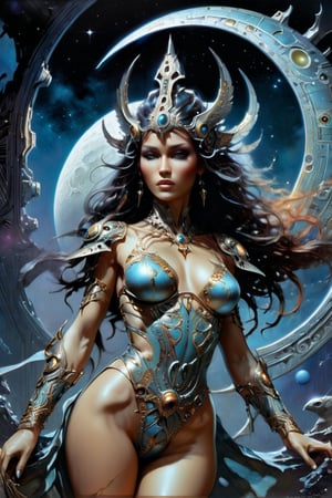 award winning digital art, dramatic lighting, full body shot, extremely detailed skin, a beautiful moon goddess, a moon deity, cosmic amazon, wearing an intricate high-tech bodysuit, biomechanical, spaceship, outer space, retro futuristic, sci-fi, fantasy art, 80s fantasy movie style, intricate mechanical details, glowing cybernetic enhancements, action pose, frank frazetta style, best quality, 8k, highres, masterpiece, ultra-detailed, realistic, photorealistic, HDR, UHD, studio lighting, ultra-fine painting, sharp focus, physically-based rendering, extreme detail description, professional, vivid colors,more detail XL