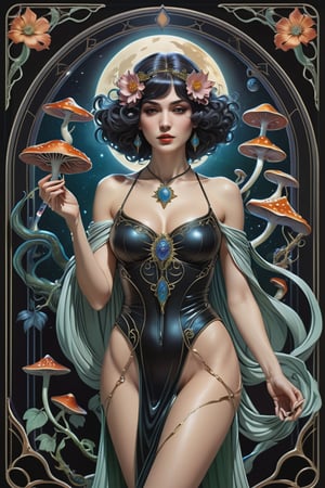 the wraith flower woman, a gorgeous italian priestess, in a sexy pose, from the side shot, perfect short wavy hair, she is holding an intricate poison vial, she is surrounded by incredible alien fungi, Yoshitaka Amano style, fantasy art nouveau tarot card style, (best quality,4k,8k,highres,masterpiece:1.2),ultra-detailed,(realistic,photorealistic,photo-realistic:1.37),dramatic lighting,vibrant colors,stunning details