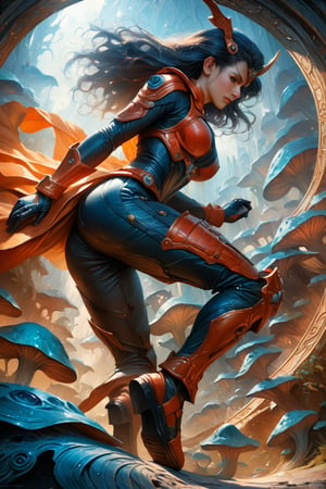 a female tokusatsu heroine, viewed from the side, full body shot, low angle shot, bottom-up perspective, action shot, wearing a hightec suit, she is fighting a kaiju, she is surrounded by incredible alien fungi, inspired by Kamen Rider, Yoshitaka Amano style, fantasy art nouveau style, (best quality,4k,8k,highres,masterpiece:1.2),ultra-detailed,(realistic,photorealistic,photo-realistic:1.37),dramatic lighting,vibrant colors, stunning details, tokusatsu style