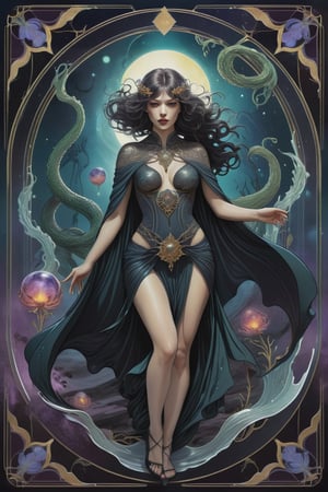 the wraith woman, a mysterious nordic priestess, in a sexy pose, from the side, perfect short wavy hair, she is emerging from within an interdimensional hole on the ground, she is surrounded by incredible lovecraftian cosmic horrors, Yoshitaka Amano style, fantasy art nouveau tarot card style, (best quality,4k,8k,highres,masterpiece:1.2),ultra-detailed,(realistic,photorealistic,photo-realistic:1.37),dramatic lighting,vibrant colors,stunning details