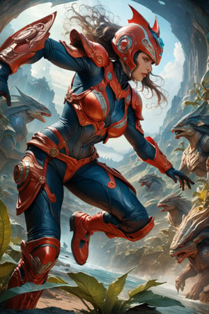 a female tokusatsu heroine, viewed from the side, full body shot, low angle shot, bottom-up perspective, action shot, wearing a hightec suit, she is fighting a kaiju, she is surrounded by incredible alien flora, inspired by Ultraman, Yoshitaka Amano style, fantasy art nouveau style, (best quality,4k,8k,highres,masterpiece:1.2),ultra-detailed,(realistic,photorealistic,photo-realistic:1.37),dramatic lighting,vibrant colors, green and beige, stunning details, tokusatsu style, Samus Aran