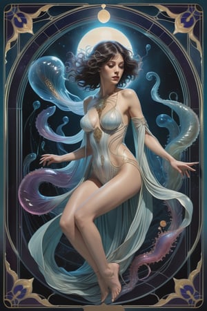 the wraith woman, a gorgeous italian priestess, in a sexy pose, from the side shot, perfect short wavy hair, she is emerging in the scene crawling from within an interdimensional portal on the ground, she is surrounded by incredible alien jellyfish, Yoshitaka Amano style, fantasy art nouveau tarot card style, (best quality,4k,8k,highres,masterpiece:1.2),ultra-detailed,(realistic,photorealistic,photo-realistic:1.37),dramatic lighting,vibrant colors,stunning details